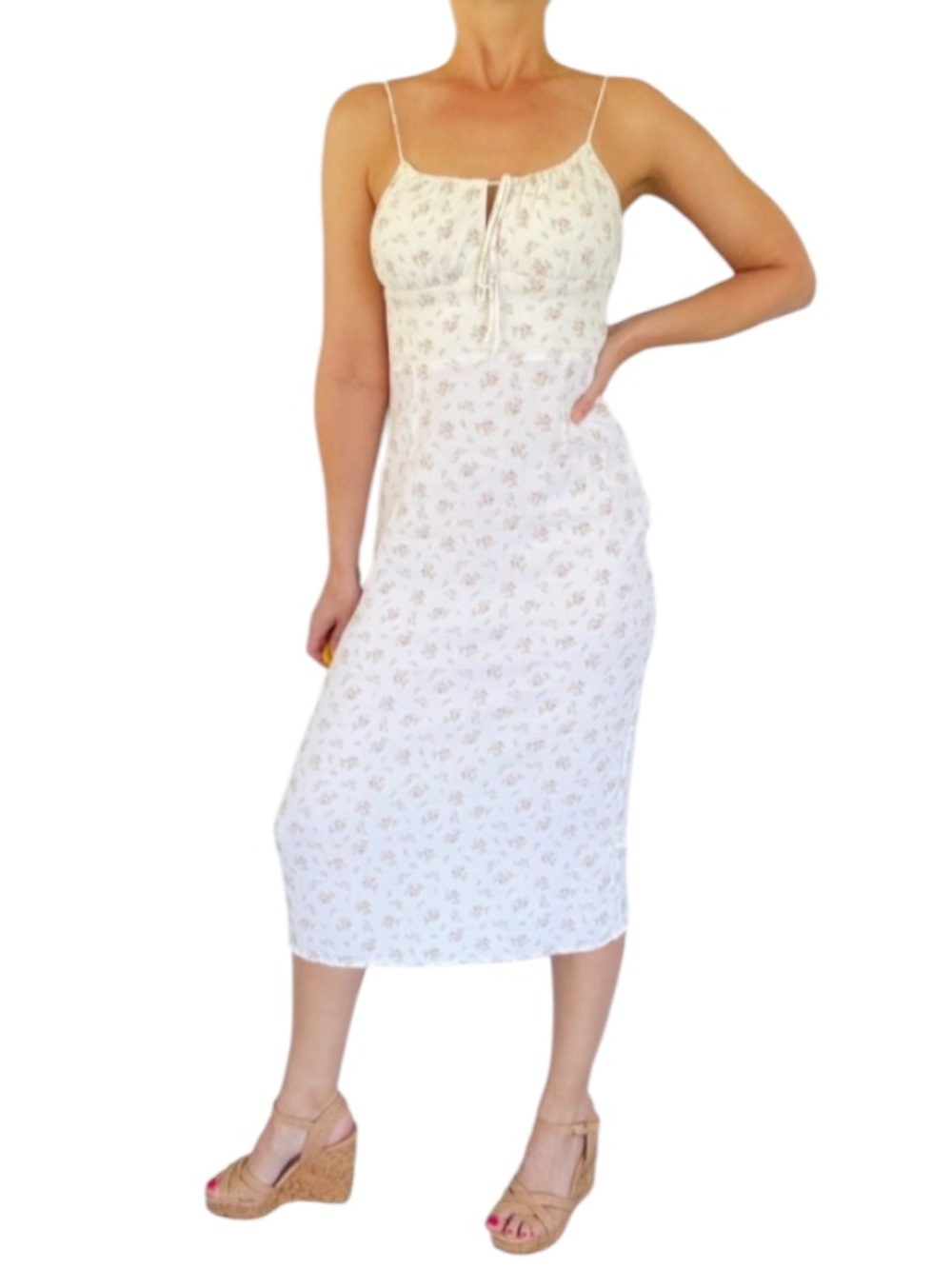 H&M white pink floral spaghetti strap tie neckline midi length dress size small